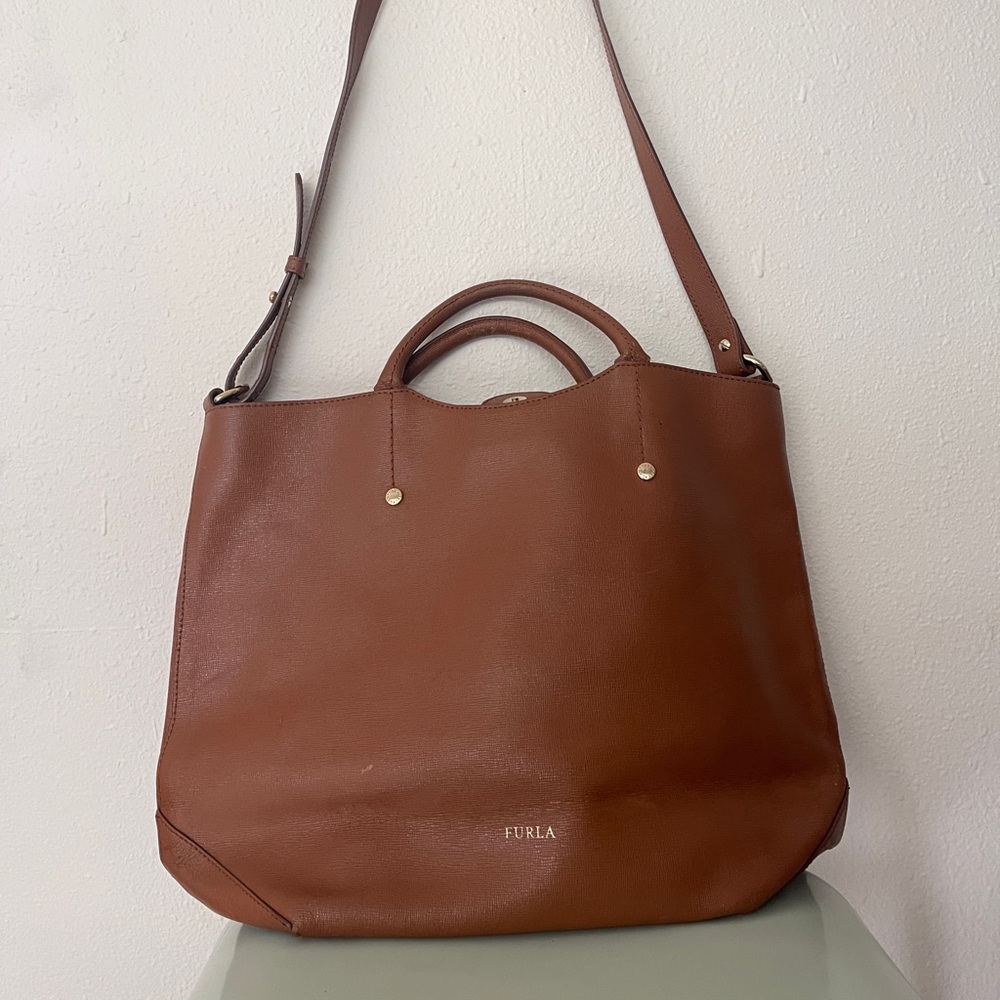 Furla 2 way bag brown leather crossbody purse large tote oversized designer - Picture 3 of 17